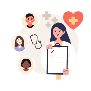 Pharmacist with clipboard and patients Pharmacist with clipboard and patients